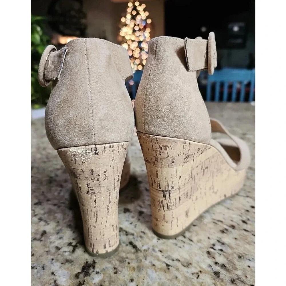 Unisa Cork Wedge‎ Heels Platform Sz 10 70s Womens Textile Open Toe Tan C31